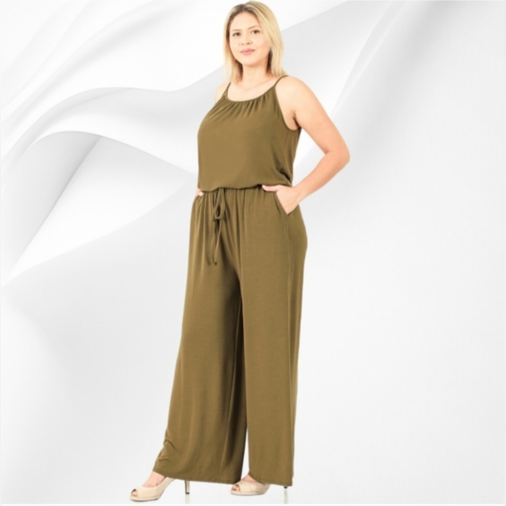 Zenana | Olive Green Jumpsuit w/ Pockets | Adjustable Straps | Soft & Flowy
